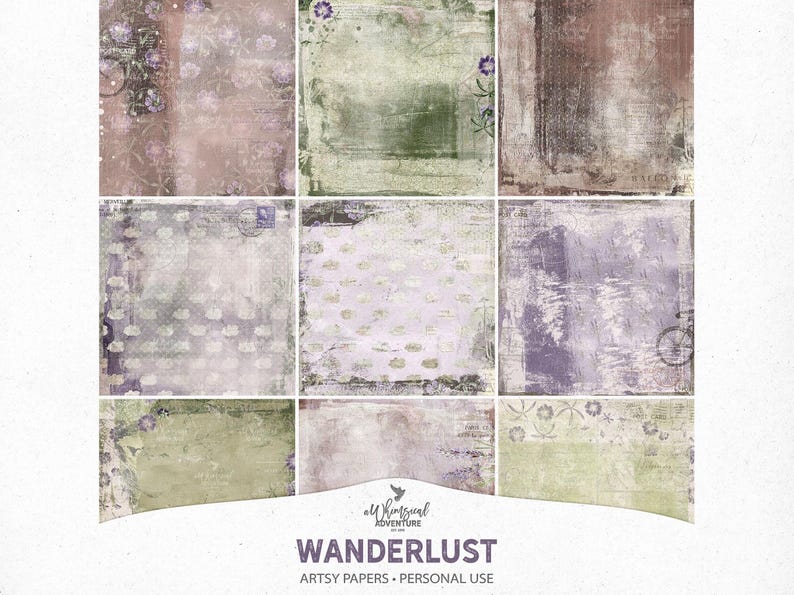May include: Nine artsy papers with a vintage aesthetic. The papers feature a variety of textures, colours, and patterns, including floral designs, distressed backgrounds, and bicycle illustrations. The word "Wanderlust" is displayed at the bottom.