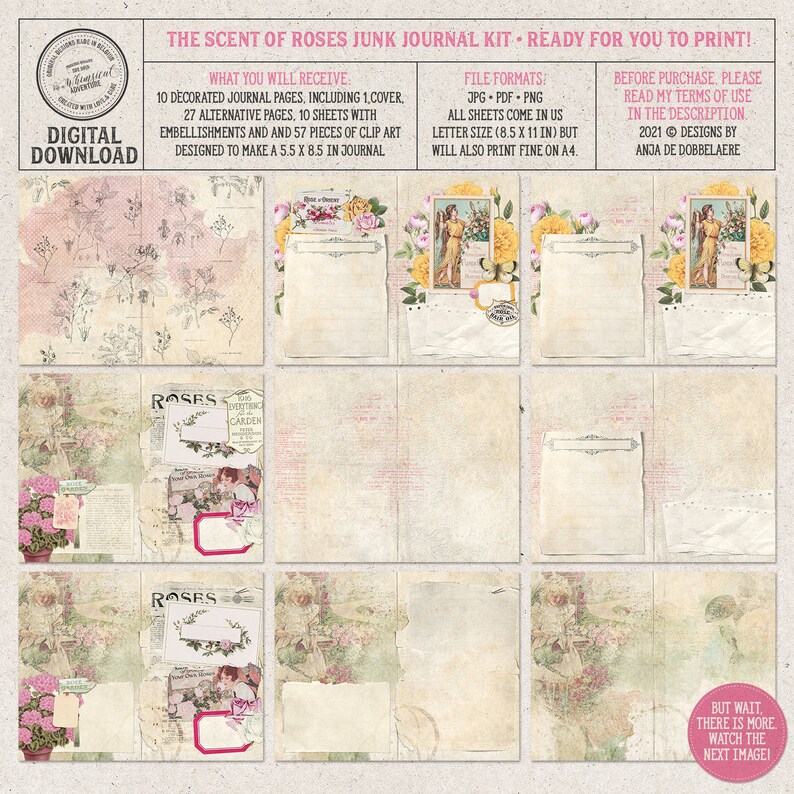 Scent Of Roses, Printable Junk Journal Kit, Shabby Chic, Vintage Botanicals, Digital Download image 4