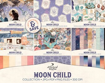 Moon Child Boho Mystical Mixed Media Art Bundle, Digital Download Celestial Scrapbook Elements And Papers