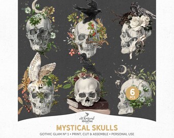 Printable Vintage Gothic Skull Art, Digital Download Halloween Floral Skulls Scrapbook And Junk Journal Supplies