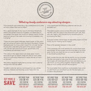 Peut inclure: Un collage de t&eacute;moignages clients sur du papier num&eacute;rique et des designs imprimables. Le texte met en avant la qualit&eacute;, le design et le service client de la boutique. L'image comprend &eacute;galement une offre de code de r&eacute;duction pour l'achat de plus d'un certain montant.
