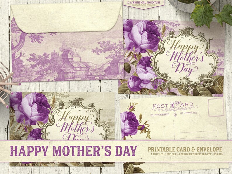 Printable Greeting Card For Mother's Day, Gift For Mom, DIY Card And Envelope Set For Wife, Vintage Landscape Art, Antique Purple Roses image 1