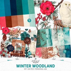 Kit de scrapbooking hivernal, oeuvres d'art hivernales enneigées, embellissements techniques mixtes, papiers rustiques, téléchargement numérique