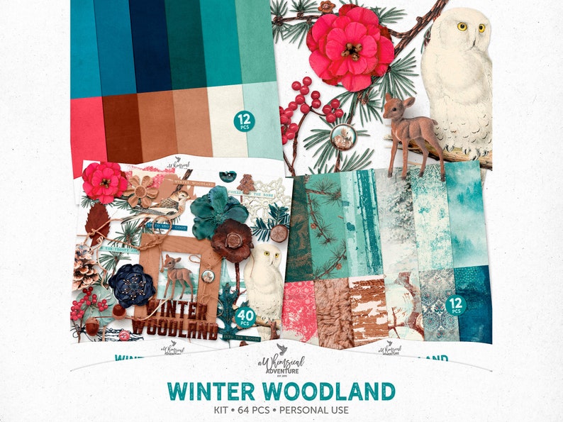 K&ouml;nnte beinhalten: Ein digitales Scrapbooking-Set mit Winterwald-Thema. Das Set enth&auml;lt 64 Teile, darunter Papiere, Elemente und Verzierungen. Die Farben sind T&uuml;rkis, Braun, Wei&szlig; und Rot. Das Set ist nur f&uuml;r den pers&ouml;nlichen Gebrauch bestimmt.