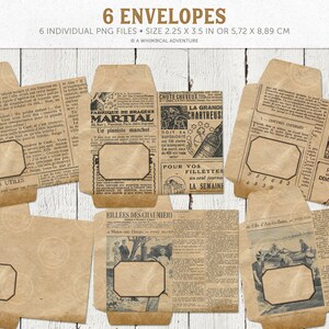 Peut inclure: Six enveloppes de style vintage avec des &eacute;tiquettes d'adresse vierges. Chaque enveloppe pr&eacute;sente un article de journal diff&eacute;rent avec du texte en fran&ccedil;ais et des illustrations. Les enveloppes mesurent 5,72 cm sur 8,89 cm.