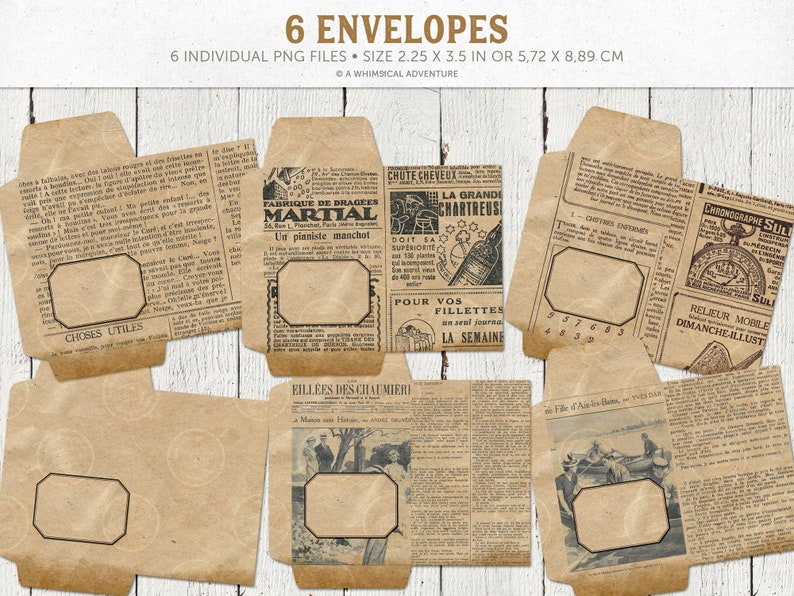 Peut inclure: Six enveloppes de style vintage avec des &eacute;tiquettes d'adresse vierges. Chaque enveloppe pr&eacute;sente un article de journal diff&eacute;rent avec du texte en fran&ccedil;ais et des illustrations. Les enveloppes mesurent 5,72 cm sur 8,89 cm.
