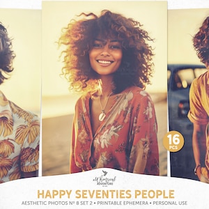 Photos de style rétro esthétique des années 70 de gens heureux sur la plage, éphémères imprimables en téléchargement numérique pour le scrapbooking ou le journal indésirable