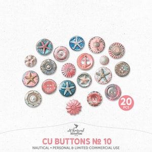 Grillige kust klei en metalen stijlknoppen clipart png-bestanden, digitale download nautische plakboekelementen voor commercieel gebruik