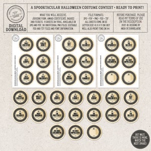 May include: Printable Halloween costume contest badges with a vintage aesthetic. The badges feature black and white text on a cream background with a black border. The text includes categories such as "Most Creative", "Coolest Adult", "Best Couple", "Best Family", "Best Group", "Best Children's", "Best Pet", "The Scariest", "Most Original", "Prettiest", "Most Boring", "Funniest", "The Spookiest", "The Silliest", "The Most Colourful", and "The Most Impressive".