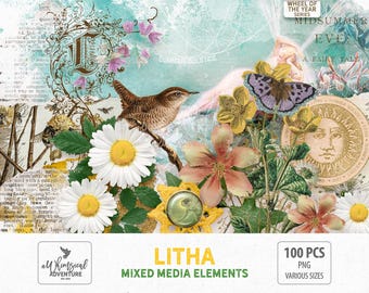 Summer Solstice Mixed Media Clipart PNG Files For Scrapbooking, Digital Download Witchy Gift Wheel Of The Year Litha Journaling Supplies