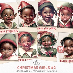 Gnomes de Noël aquarelle imprimable artiste cartes à collectionner peintures, téléchargement numérique vacances Gnome Girls Junk Journal Ephemera Pack