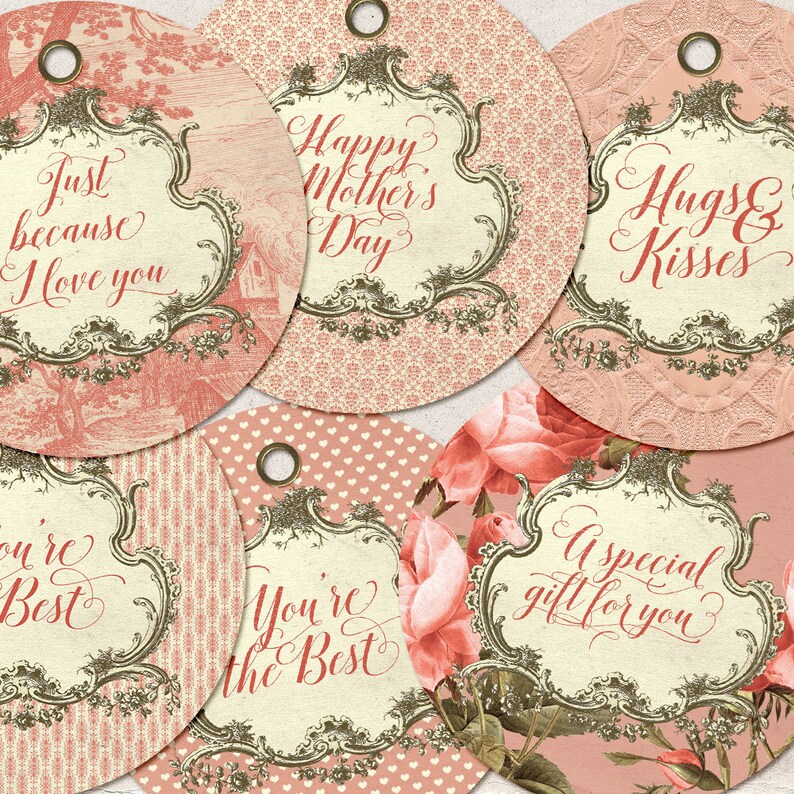 Red Roses, For Mom, For Her, Birthday Gift, Red Coral, Peach, Mothers Day, Romantic Gifts, Circular, Tags, Vintage Style, Printable Labels image 3