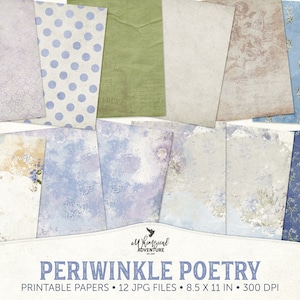 Pervinca Poesia, Carta stampabile Shabby Chic, Arte multimediale, Motivi floreali, Molto Peri, Blu e viola, Carta per diario Botanical Junk