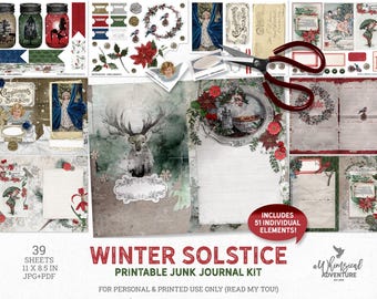 Winter Solstice Spiritual Junk Journal Kit - Printable Christmas Pages & Fussy Cuts (Digital Download)