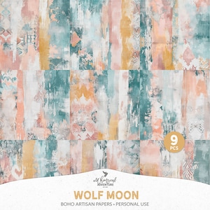 Wolf Mond Boho Gemalt Shabby Artsy Scrapbook Hintergründe, digitaler Download Januar Neujahr Papier für Kunst und Junk Journal