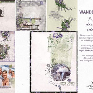 May include: Digital scrapbook page design ideas with a vintage aesthetic. The image features various layouts with floral accents, photos, and text elements. The word "WANDERLUST" is displayed at the top, with the text "Page design ideas" below it.