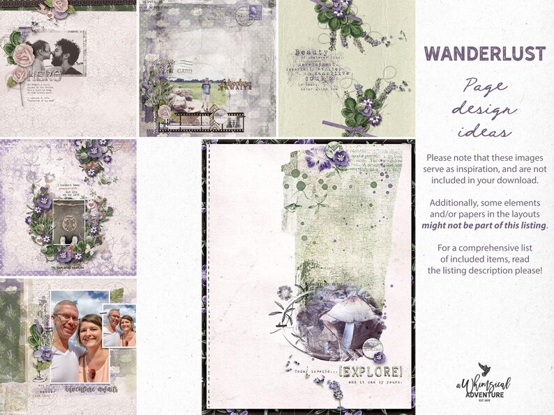 May include: Digital scrapbook page design ideas with a vintage aesthetic. The image features various layouts with floral accents, photos, and text elements. The word "WANDERLUST" is displayed at the top, with the text "Page design ideas" below it.