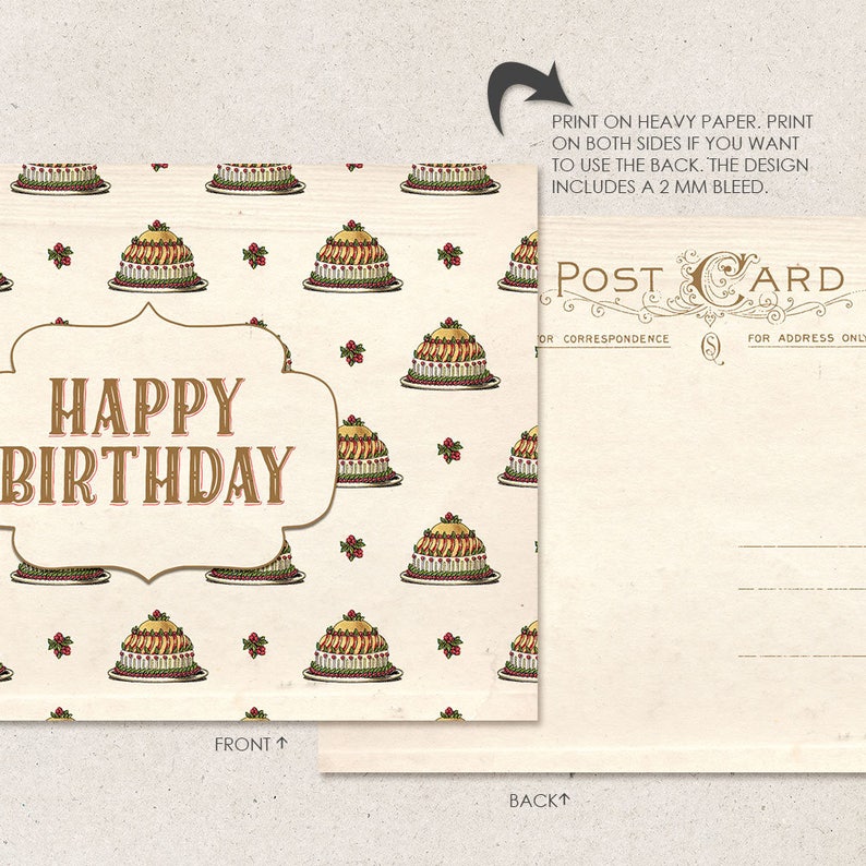 Happy Birthday Card, Printable Postcard For Him Or Her, Instant Download, Vintage Cherry Cake image 3