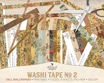 May include: A set of printable washi tape designs featuring fall-themed floral patterns. The designs are in shades of brown, yellow, and green. The text "WASHI TAPE No 2" is printed on a white label. The text "FALL WALLPAPERS PRINTABLE 3 SIZES, 6 SHEETS JPG+PDF 300 DPI" is also printed on the label.