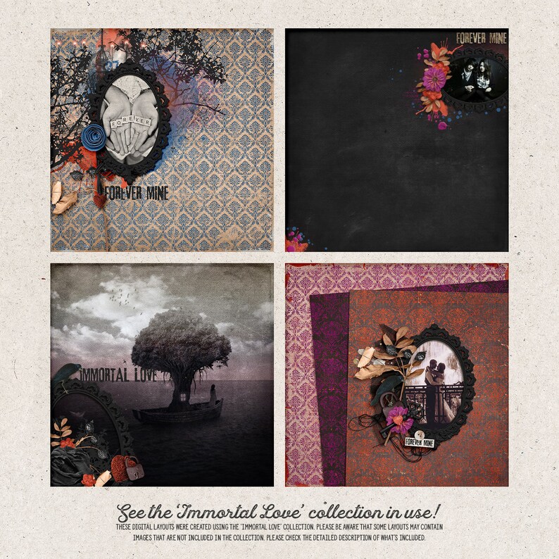 May include: Four digital scrapbook layouts featuring a dark, romantic theme with images of couples, trees, and birds. The layouts include the text "Forever Mine" and "Immortal Love".