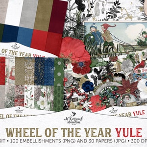 Yule Digital Scrapbook Kit, Wheel Of The Year, Digital Download, Vintage Ephemera, Winter Solstice, Yule Ephemera, Digital Stamps, Clip Art