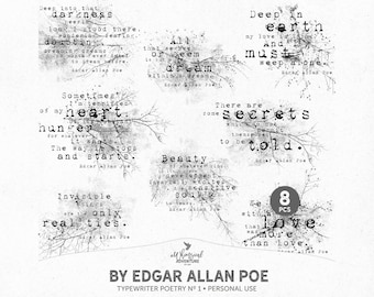 Edgar Allan Poe Inspirational Quotes, Grunge Photoshop Brushes For Poetry Journal, Digital Download Halloween Junk Journal Words