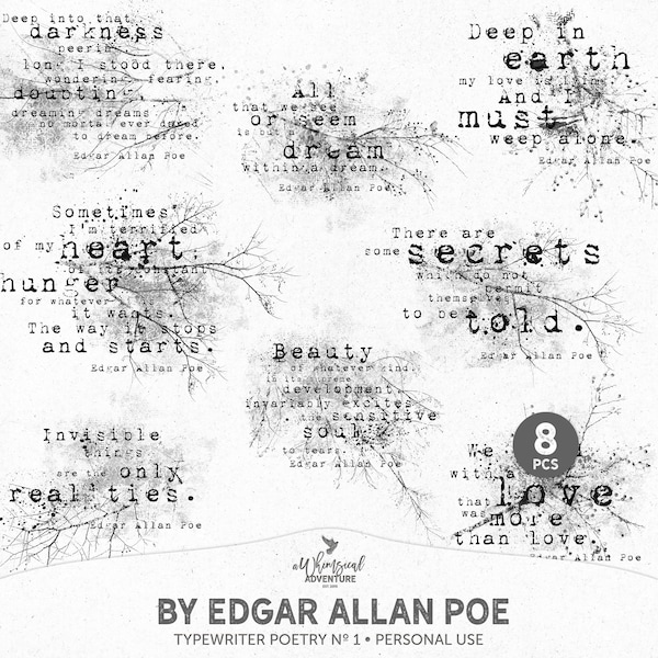 Edgar Allan Poe Inspirational Quotes, Grunge Photoshop Brushes For Poetry Journal, Digital Download Halloween Junk Journal Words
