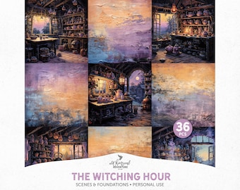 The Witching Hour Halloween Witch Kitchen Decor Scrapbook Paper, Digital Download Oil Painting Textures For Art Or Junk Journal