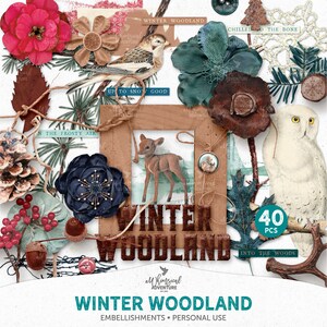 K&ouml;nnte beinhalten: Ein Set mit 40 digitalen Verzierungen f&uuml;r Basteln und Scrapbooking zum Thema Winterwald. Das Set enth&auml;lt eine Vielzahl von Elementen wie Blumen, V&ouml;gel, Hirsche, Eulen und Schneeflocken. Die Verzierungen sind im Vintage-Stil gehalten und haben eine gedeckte Farbpalette in Blau-, Gr&uuml;n-, Braun- und Wei&szlig;t&ouml;nen. Der Text "Winter Woodland" ist im Bild prominent dargestellt.