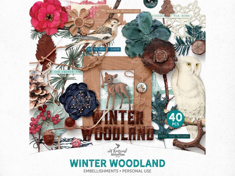 K&ouml;nnte beinhalten: Ein Set mit 40 digitalen Verzierungen f&uuml;r Basteln und Scrapbooking zum Thema Winterwald. Das Set enth&auml;lt eine Vielzahl von Elementen wie Blumen, V&ouml;gel, Hirsche, Eulen und Schneeflocken. Die Verzierungen sind im Vintage-Stil gehalten und haben eine gedeckte Farbpalette in Blau-, Gr&uuml;n-, Braun- und Wei&szlig;t&ouml;nen. Der Text "Winter Woodland" ist im Bild prominent dargestellt.