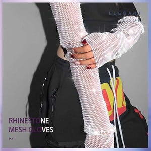 Fingerless Gloves; Rhinestone Sleeves; Gauntlets; Black or White Nylon Mesh with Clear Crystal
