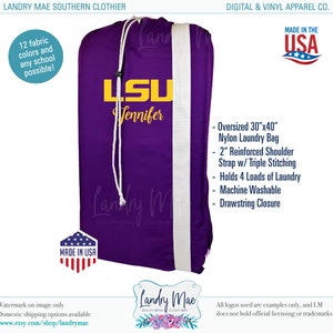 May include: Purple nylon laundry bag with a white drawstring and a white shoulder strap. The bag has a gold LSU logo and the name "Jennifer" embroidered on it. The bag is 30 inches by 40 inches and holds 4 loads of laundry. Made in the USA.