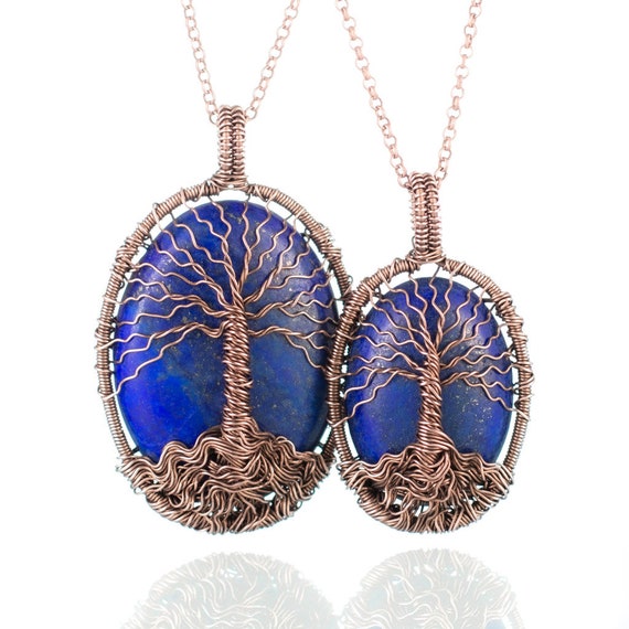 Lapis Lazuli Jewelry Tree Of Life Statement Necklace Blue Copper Necklace Dangle Earrings Zen Yoga Meditation Inspirational Gift For Women