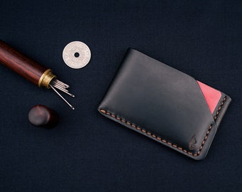 Cartera minimalista Horween / Tarjetero de cuero en Chromexcel Black. Tarjetero. Cosido a mano, Karat