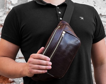 Riñonera de piel marrón Bandolera / Forro totalmente de piel Riñonera / Minimalista Riñonera de piel / Bolsa de pecho / 3 bolsillos, cremallera YKK, cutter