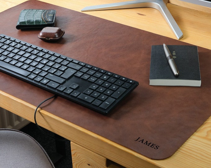Personalized Leather Desk Mat Chestnut Brown, Full-grain leather Customized Mouse Pad, Table Blotter Protector, birthday gift, gaming Laptop