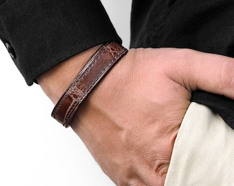 Alligator Leather Bracelet Brown, Hand Stitched Strap Band With