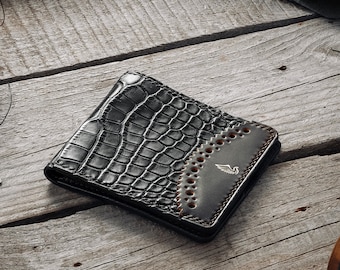 Personalized Black Alligator wallet with Horween Shell Cordovan patch and goat leather interior / For dollars, pounds, euro sized, Lagard