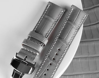 Bracelet de montre en alligator gris / 100 % fait main en cuir d'alligator couleur gris argenté / 22 mm, 20 mm, 18 mm, 16 mm, 14 mm, 12 personnalisé