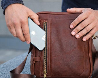 Leather crossbody vertical bag in Light Brown Tan, Mens Leather A5 Shoulder Bag | Groomsmen Gift | Daily Carry on casual