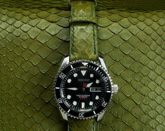 Correa de reloj verde de piel de pitón auténtica / Hecha a mano con piel de serpiente auténtica / Correa para mujer y hombre / 22 mm, 20 mm, 18 mm, 16 mm, 14 mm, 12 mm