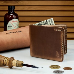 Carteira de couro Horween em Chromexcel natural / Carteira masculina personalizada, presente para ele / feita de uma única peça de couro, feita à mão, Arpa