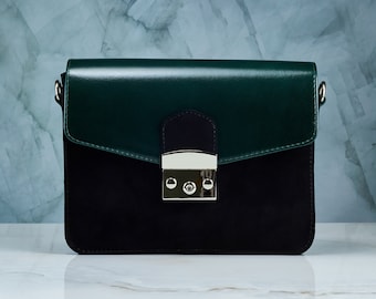 Dress woman purse crossbody in Green leather and black suede with a shoulder strap, leather handbag for her