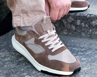 Men's Leather Sneakers, Handmade, light brown beige Suede Leather with Tan mesh Tawny Russet Casual Footwear, comfort summer men shoes Start