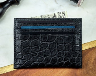 Black Alligator Card Holder leather Wallet for 6 cards, cash slot / Personalized Handmade slim minimalist wallet / Exotic leather, revolver