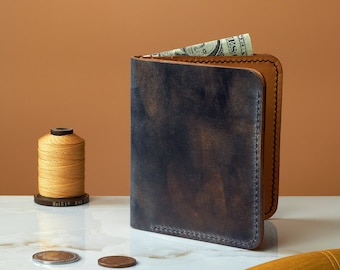 Shell Cordovan wallet in Navy Blue Museum leather from Rocado, personalizable gift / Handmade wallet with patina veg tanned interior/Chicago