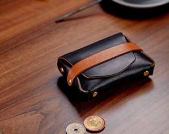 Cartera Horween negra personalizada / Estuche/bolsa pequeña de cuero Chromexcel, billetera de bolsillo frontal, monedero/billetera de cuero sin costuras, Era