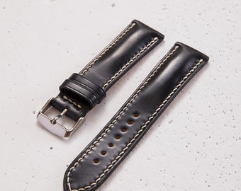 Black Shell Cordovan watch strap band / padded handmade strap made from Horween full-grain leather / 24 mm, 22 mm, 20 mm, 18 mm custom sized