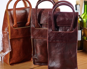 Leather bag for 2 bottles / leather bottle carrier / wine and whiskey gift / hygge wine pouch with handles and dividers inside