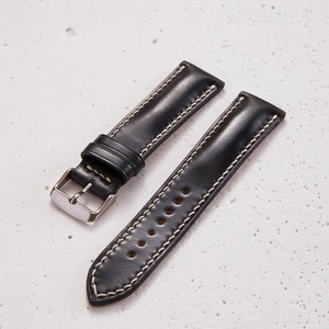 Black Shell Cordovan watch strap band / padded handmade strap made from Horween full-grain leather / 24 mm, 22 mm, 20 mm, 18 mm custom sized
